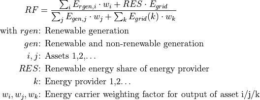 RF &=\frac{\sum_i {E_{rgen,i} \cdot w_i + RES \cdot E_{grid}}}{\sum_j {E_{gen,j} \cdot w_j}+\sum_k {E_{grid} (k) \cdot w_k}}
\text{with } rgen &\text{: Renewable generation}
gen &\text{: Renewable and non-renewable generation}
i, j &\text{: Assets 1,2,…}
RES &\text{: Renewable energy share of energy provider}
k &\text{: Energy provider 1,2…}
w_i, w_j, w_k &\text{: Energy carrier weighting factor for output of asset i/j/k}
