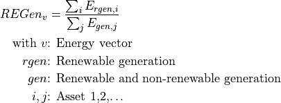 REGen_v &=\frac{\sum_i {E_{rgen,i}}}{\sum_j {E_{gen,j}}}
\text{with } v &\text{: Energy vector}
rgen &\text{: Renewable generation}
gen &\text{: Renewable and non-renewable generation}
i,j &\text{: Asset 1,2,…}