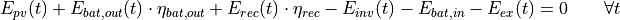 E_{pv}(t) + E_{bat,out}(t) \cdot \eta_{bat,out} + E_{rec}(t) \cdot \eta_{rec} - E_{inv}(t) - E_{bat,in} - E_{ex}(t) = 0 \qquad \forall t