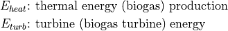 E_{heat} &\text{: thermal energy (biogas) production}
E_{turb} &\text{: turbine (biogas turbine) energy}