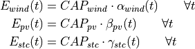 E_{wind}(t) &= CAP_{wind} \cdot \alpha_{wind}(t) \qquad \forall t
E_{pv}(t) &= CAP_{pv} \cdot \beta_{pv}(t) \qquad \forall t
E_{stc}(t) &= CAP_{stc} \cdot \gamma_{stc}(t) \qquad \forall t