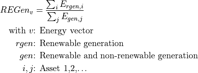 REGen_v &=\frac{\sum_i {E_{rgen,i}}}{\sum_j {E_{gen,j}}}

\text{with } v &\text{: Energy vector}

rgen &\text{: Renewable generation}

gen &\text{: Renewable and non-renewable generation}

i,j &\text{: Asset 1,2,…}