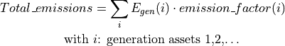 Total\_emissions &= \sum_i {E_{gen} (i) \cdot emission\_factor (i)}

\text{with~} &i \text{: generation assets 1,2,…}