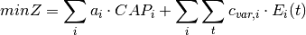 min Z = \sum_i a_i \cdot CAP_i + \sum_i \sum_t c_{var,i} \cdot E_i(t)