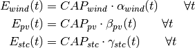 E_{wind}(t) &= CAP_{wind} \cdot \alpha_{wind}(t) \qquad  \forall t

E_{pv}(t) &= CAP_{pv} \cdot \beta_{pv}(t) \qquad  \forall t

E_{stc}(t) &= CAP_{stc} \cdot \gamma_{stc}(t) \qquad  \forall t